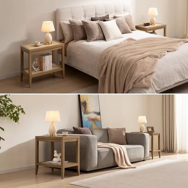 Alt view image 7 of 7 - Rattan Side Tables Living Room Table, End Table with Storage | Farmhouse Boho Night Stand with 2 Rattan Open Shelves, Bedside Table for Bedroom, Living Room, Small Spaces
