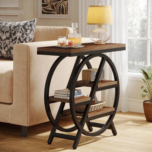 Alt view image 2 of 7 - End Table for Living Room, 3-Tier Narrow Side Table with Storage, Wood Sofa Side Table with Geometric Metal Frame, Industrial Nightstand and Bedside Table for Bedroom