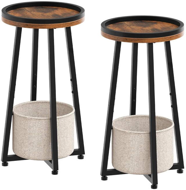 Main image of Small Round Side Tables, 2-Tier Round Sofa End Tables | Set of 2, Compact Nightstands with Cotton Linen Storage Basket, for Small Space, Living Room, Bedroom, Dorm, Rustic Brown