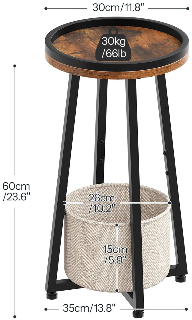Alt view image 3 of 7 - Small Round Side Tables, 2-Tier Round Sofa End Tables | Set of 2, Compact Nightstands with Cotton Linen Storage Basket, for Small Space, Living Room, Bedroom, Dorm, Rustic Brown