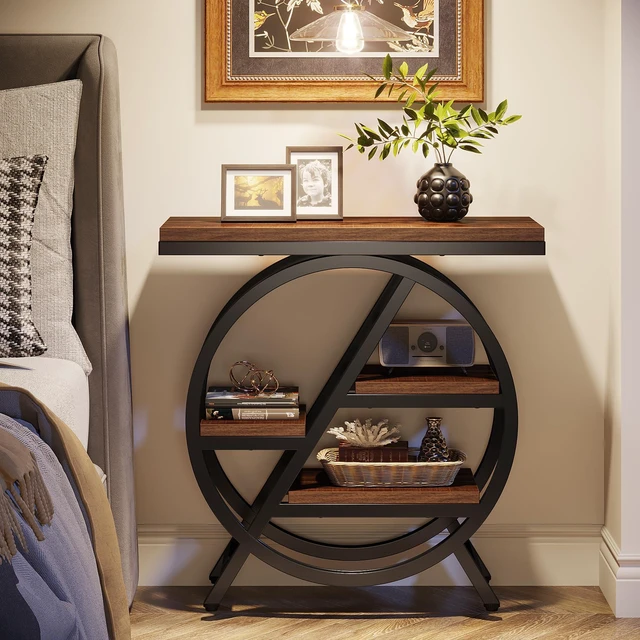 Alt view image 3 of 7 - End Table for Living Room, 3-Tier Narrow Side Table with Storage, Wood Sofa Side Table with Geometric Metal Frame, Industrial Nightstand and Bedside Table for Bedroom