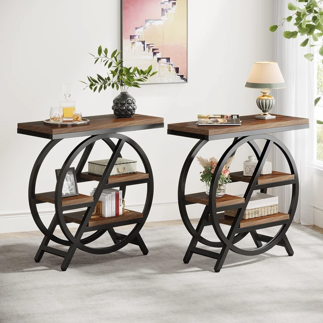 Alt view image 4 of 7 - End Table for Living Room, 3-Tier Narrow Side Table with Storage, Wood Sofa Side Table with Geometric Metal Frame, Industrial Nightstand and Bedside Table for Bedroom