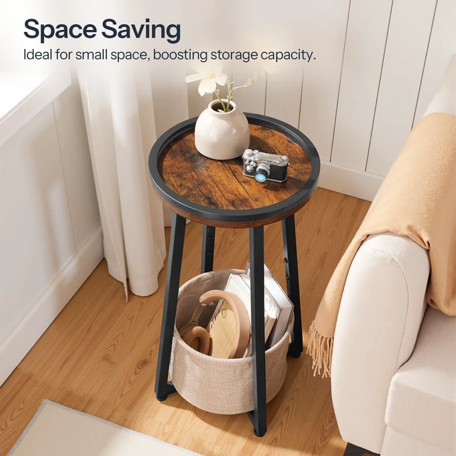 Alt view image 5 of 7 - Small Round Side Tables, 2-Tier Round Sofa End Tables | Set of 2, Compact Nightstands with Cotton Linen Storage Basket, for Small Space, Living Room, Bedroom, Dorm, Rustic Brown