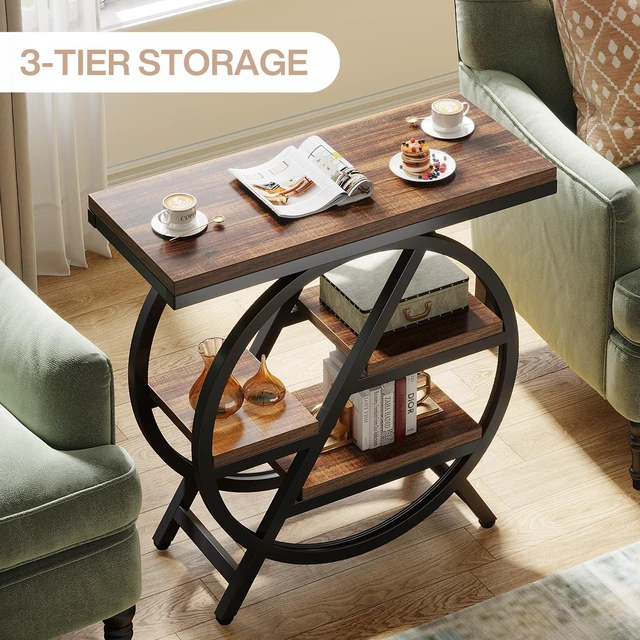 Alt view image 5 of 7 - End Table for Living Room, 3-Tier Narrow Side Table with Storage, Wood Sofa Side Table with Geometric Metal Frame, Industrial Nightstand and Bedside Table for Bedroom