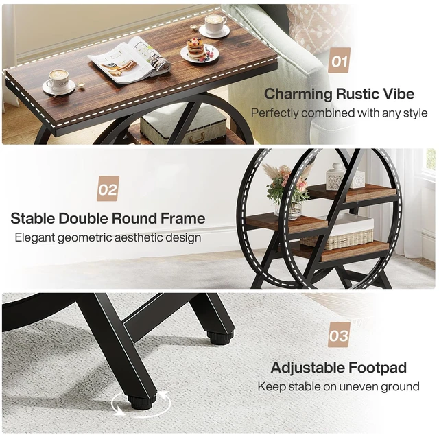 Alt view image 6 of 7 - End Table for Living Room, 3-Tier Narrow Side Table with Storage, Wood Sofa Side Table with Geometric Metal Frame, Industrial Nightstand and Bedside Table for Bedroom