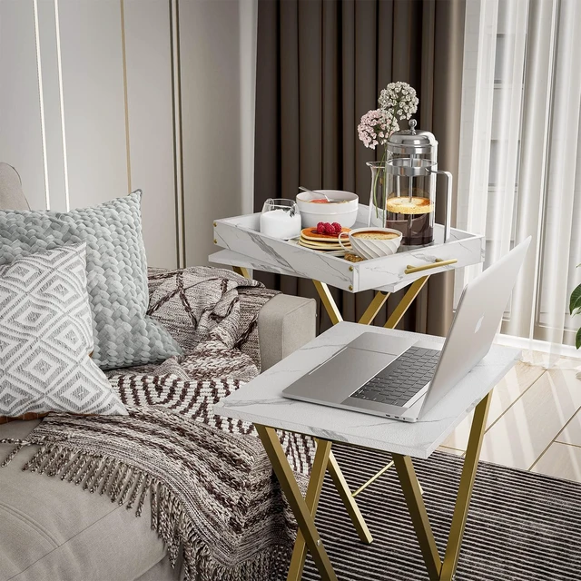 Alt view image 2 of 7 - Folding TV Tray Tables, Set of 2 Side Table for Small Place, Snack Eating Tables at Couch, Folding Tables with Removable Serving Tray, Portable End Table Easy Assembly
