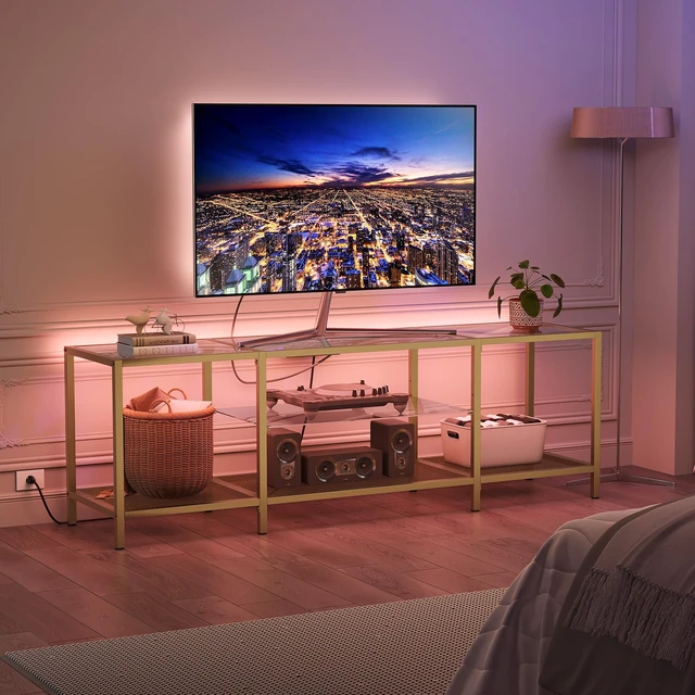Alt view image 2 of 7 - TV Stand with LED Lights and Power Outlets for TVs up to 75", Modern 63 Inch Tempered Glass TV Console Table with Open Shelves, Media Entertainment Center for Living Room, Gold GD165UDS01