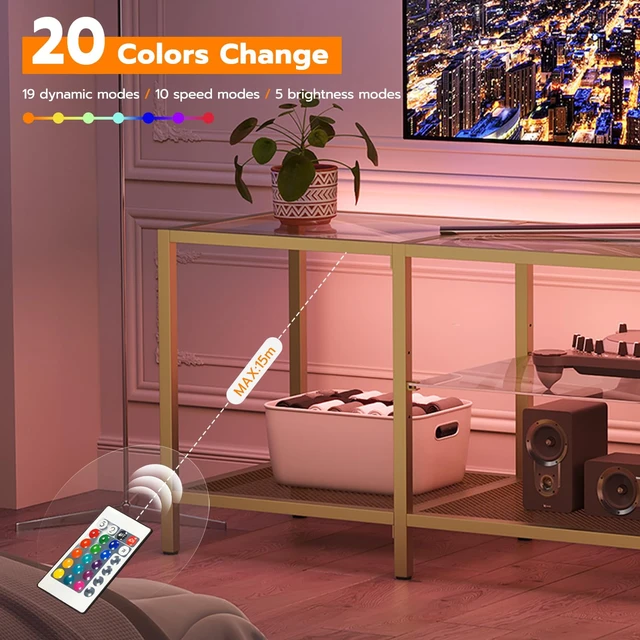 Alt view image 3 of 7 - TV Stand with LED Lights and Power Outlets for TVs up to 75", Modern 63 Inch Tempered Glass TV Console Table with Open Shelves, Media Entertainment Center for Living Room, Gold GD165UDS01