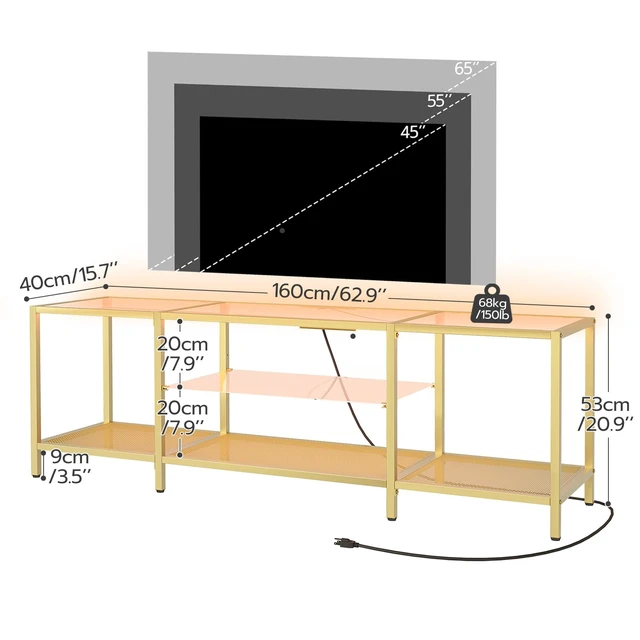 Alt view image 4 of 7 - TV Stand with LED Lights and Power Outlets for TVs up to 75", Modern 63 Inch Tempered Glass TV Console Table with Open Shelves, Media Entertainment Center for Living Room, Gold GD165UDS01