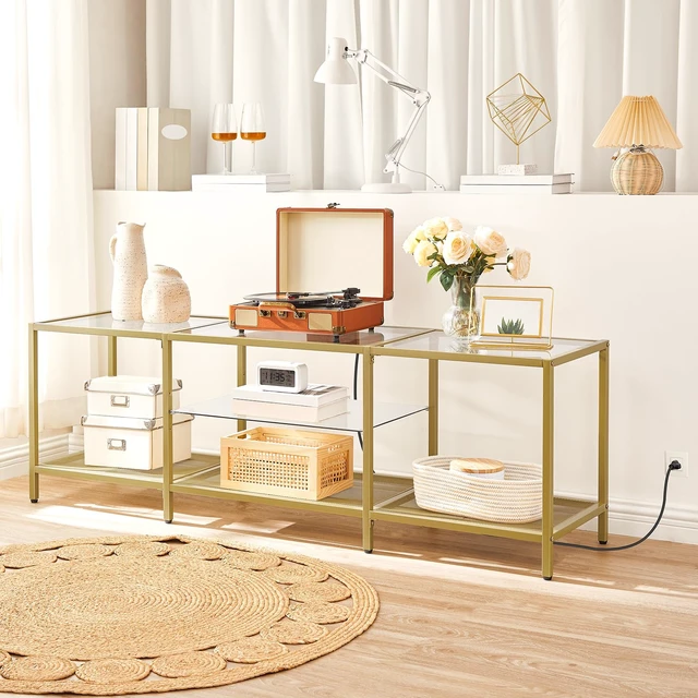 Alt view image 5 of 7 - TV Stand with LED Lights and Power Outlets for TVs up to 75", Modern 63 Inch Tempered Glass TV Console Table with Open Shelves, Media Entertainment Center for Living Room, Gold GD165UDS01
