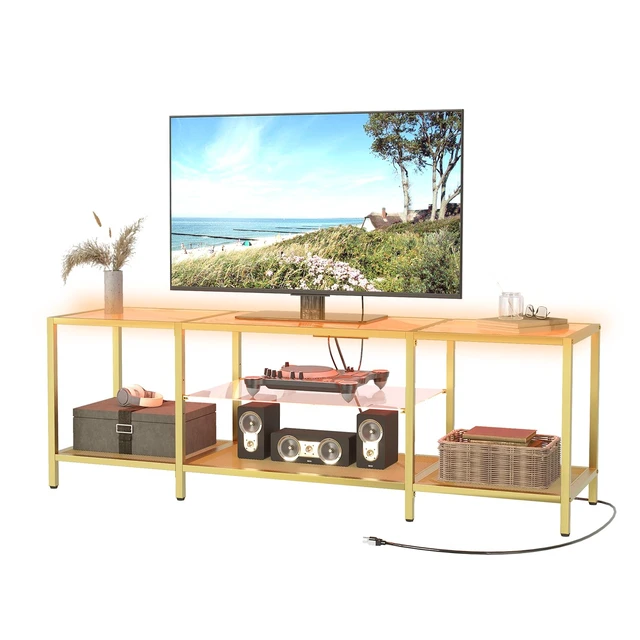 Alt view image 7 of 7 - TV Stand with LED Lights and Power Outlets for TVs up to 75", Modern 63 Inch Tempered Glass TV Console Table with Open Shelves, Media Entertainment Center for Living Room, Gold GD165UDS01