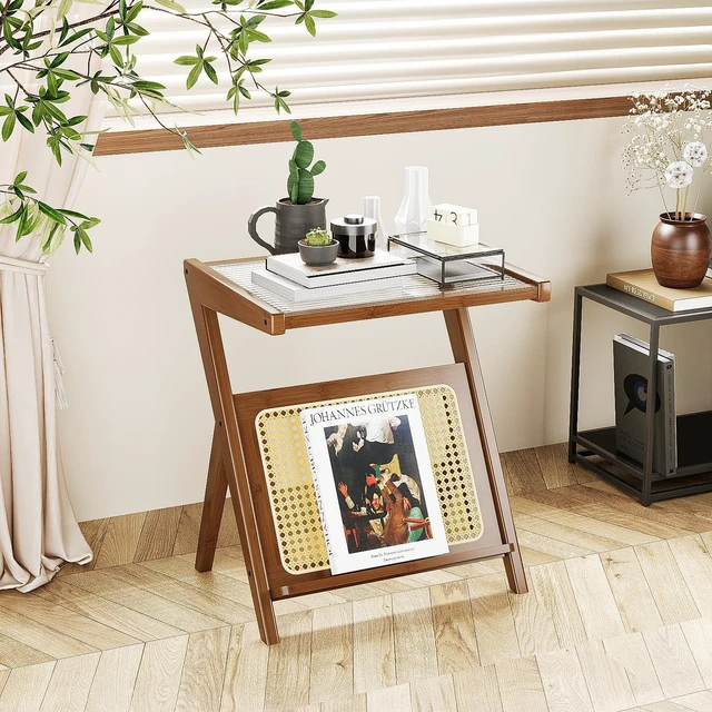 Alt view image 2 of 6 - Rattan Side Table Boho NightStand Mid Century Modern End Table | Glass Bedside Table Small End Tables Bamboo Coffee Table with Storage Record Player Stand for Living Room Bedroom