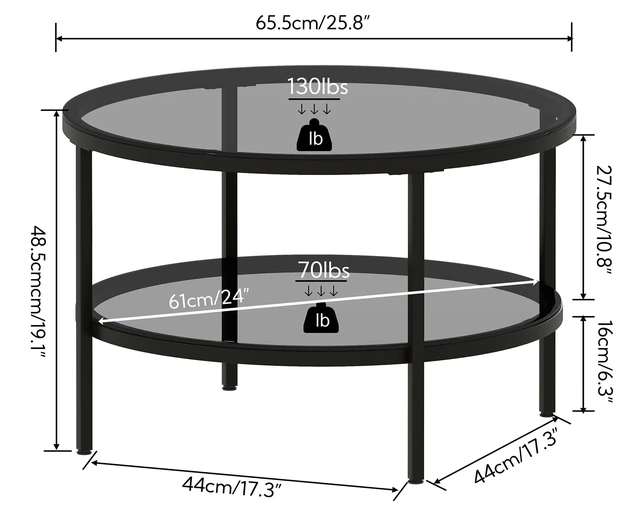 Alt view image 3 of 7 - Round Glass Coffee Tables for Living Room, 2-Tier Circle Coffee Table with Storage, 26" Modern Center Accent Table with Light Black Glass, Small End Table for Small Space, Bedroom