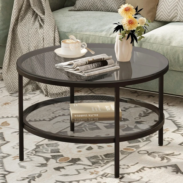 Main image of Round Glass Coffee Tables for Living Room, 2-Tier Circle Coffee Table with Storage, 26" Modern Center Accent Table with Light Black Glass, Small End Table for Small Space, Bedroom
