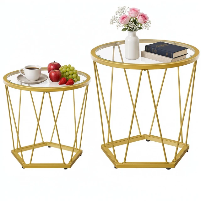 Main image of Small Round Coffee Table Set of 2, Modern Gold Side Tables | Round End Tables for Living Room, Bedroom and Balcony, Nesting Coffee Table with Glass Tabletop, Gold Accent Table