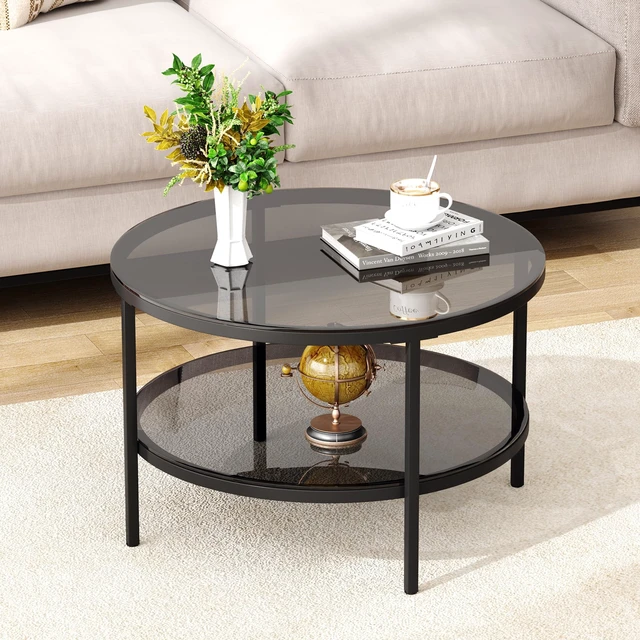 Alt view image 2 of 7 - Round Glass Coffee Tables for Living Room, 2-Tier Circle Coffee Table with Storage, 26" Modern Center Accent Table with Light Black Glass, Small End Table for Small Space, Bedroom