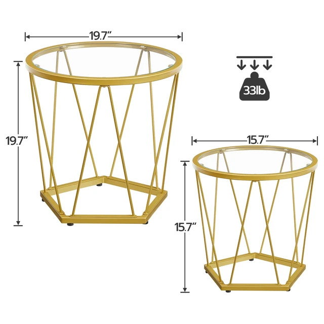Alt view image 3 of 7 - Small Round Coffee Table Set of 2, Modern Gold Side Tables | Round End Tables for Living Room, Bedroom and Balcony, Nesting Coffee Table with Glass Tabletop, Gold Accent Table