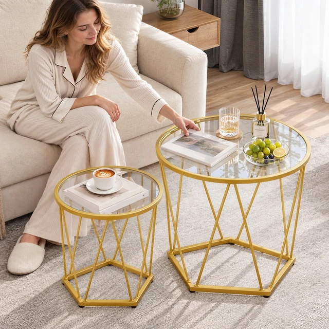 Alt view image 2 of 7 - Small Round Coffee Table Set of 2, Modern Gold Side Tables | Round End Tables for Living Room, Bedroom and Balcony, Nesting Coffee Table with Glass Tabletop, Gold Accent Table