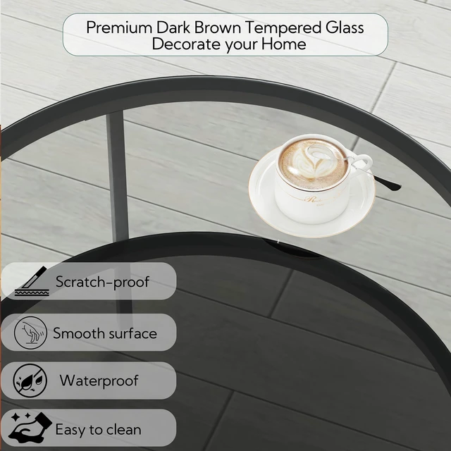 Alt view image 4 of 7 - Round Glass Coffee Tables for Living Room, 2-Tier Circle Coffee Table with Storage, 26" Modern Center Accent Table with Light Black Glass, Small End Table for Small Space, Bedroom