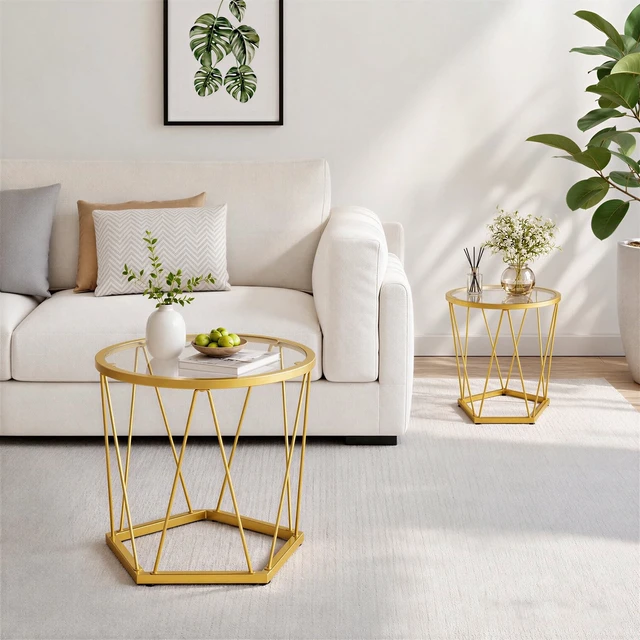 Alt view image 4 of 7 - Small Round Coffee Table Set of 2, Modern Gold Side Tables | Round End Tables for Living Room, Bedroom and Balcony, Nesting Coffee Table with Glass Tabletop, Gold Accent Table