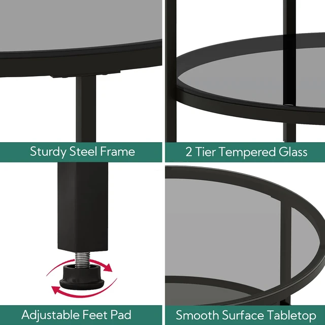 Alt view image 5 of 7 - Round Glass Coffee Tables for Living Room, 2-Tier Circle Coffee Table with Storage, 26" Modern Center Accent Table with Light Black Glass, Small End Table for Small Space, Bedroom