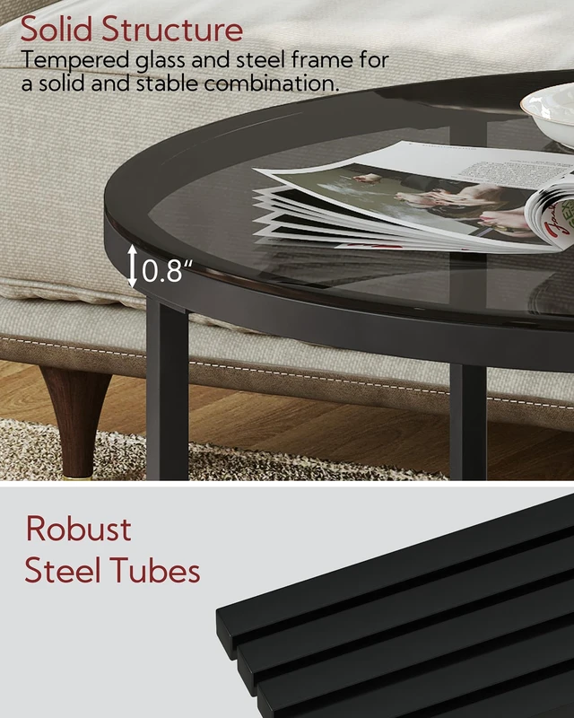 Alt view image 6 of 7 - Round Glass Coffee Tables for Living Room, 2-Tier Circle Coffee Table with Storage, 26" Modern Center Accent Table with Light Black Glass, Small End Table for Small Space, Bedroom