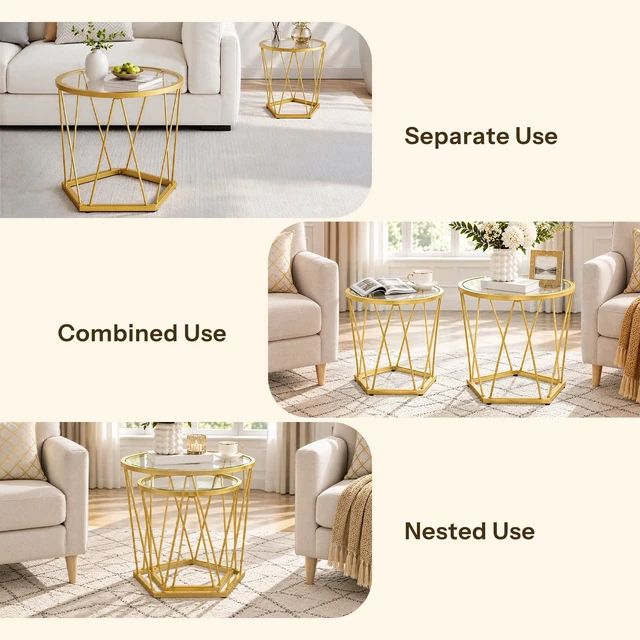 Alt view image 7 of 7 - Small Round Coffee Table Set of 2, Modern Gold Side Tables | Round End Tables for Living Room, Bedroom and Balcony, Nesting Coffee Table with Glass Tabletop, Gold Accent Table