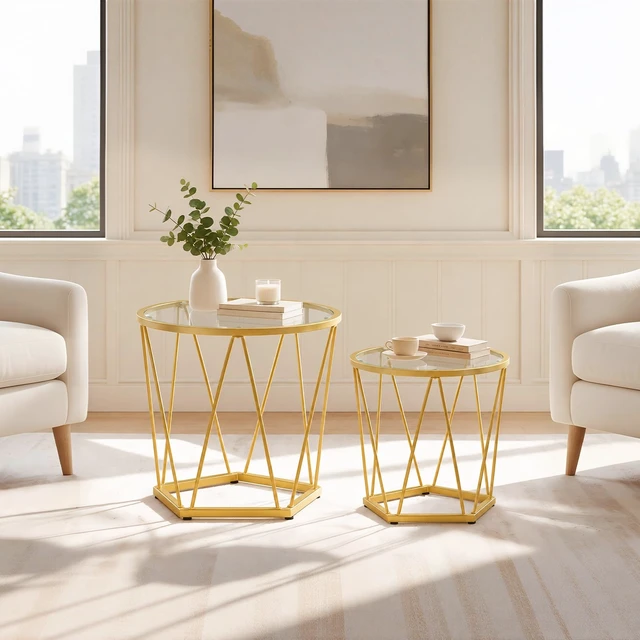 Alt view image 5 of 7 - Small Round Coffee Table Set of 2, Modern Gold Side Tables | Round End Tables for Living Room, Bedroom and Balcony, Nesting Coffee Table with Glass Tabletop, Gold Accent Table
