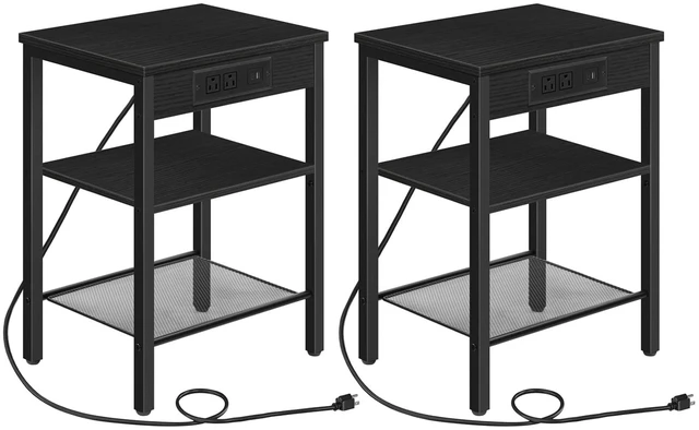 Main image of Side Tables with Charging Station, Small End Tables for Small Space | Set of 2, 3-Tier Nightstands with Adjustable Shelf, for Living Room, Bedroom, Home Office, Black