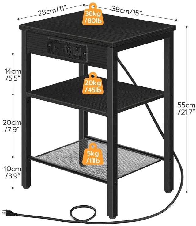 Alt view image 3 of 7 - Side Tables with Charging Station, Small End Tables for Small Space | Set of 2, 3-Tier Nightstands with Adjustable Shelf, for Living Room, Bedroom, Home Office, Black