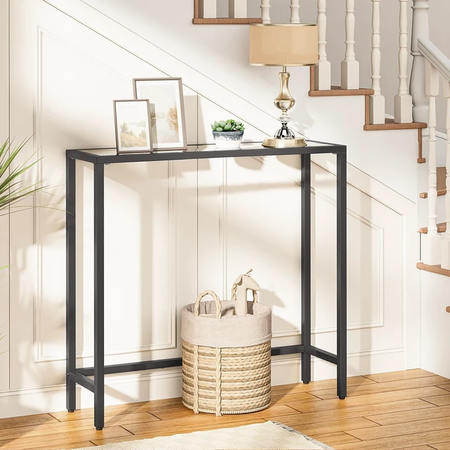 Alt view image 2 of 7 - 29.5" Narrow Console Table, Modern Sofa Table Behind Couch Table | Tempered Glass Entryway Table, Small Side Table for Entrance, Living Room, Foyer, Hallway, Bedroom, Black BK07XG01