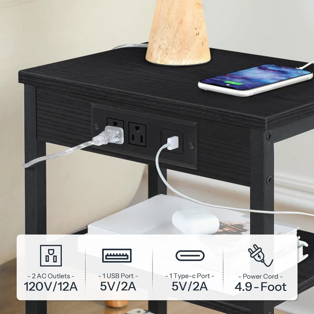 Alt view image 4 of 7 - Side Tables with Charging Station, Small End Tables for Small Space | Set of 2, 3-Tier Nightstands with Adjustable Shelf, for Living Room, Bedroom, Home Office, Black