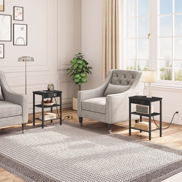 Alt view image 2 of 7 - Side Tables with Charging Station, Small End Tables for Small Space | Set of 2, 3-Tier Nightstands with Adjustable Shelf, for Living Room, Bedroom, Home Office, Black