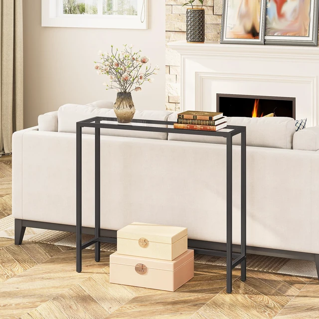 Alt view image 6 of 7 - 29.5" Narrow Console Table, Modern Sofa Table Behind Couch Table | Tempered Glass Entryway Table, Small Side Table for Entrance, Living Room, Foyer, Hallway, Bedroom, Black BK07XG01