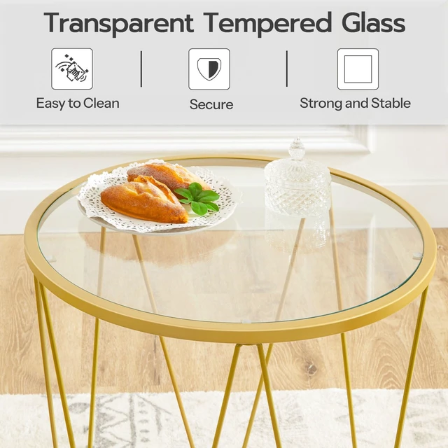 Alt view image 6 of 7 - Small Round Coffee Table Set of 2, Modern Gold Side Tables | Round End Tables for Living Room, Bedroom and Balcony, Nesting Coffee Table with Glass Tabletop, Gold Accent Table