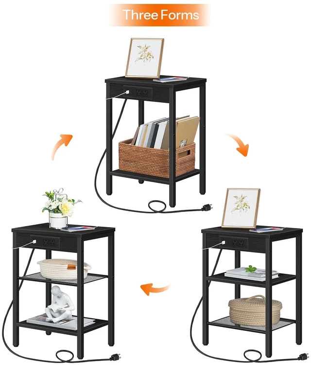 Alt view image 7 of 7 - Side Tables with Charging Station, Small End Tables for Small Space | Set of 2, 3-Tier Nightstands with Adjustable Shelf, for Living Room, Bedroom, Home Office, Black