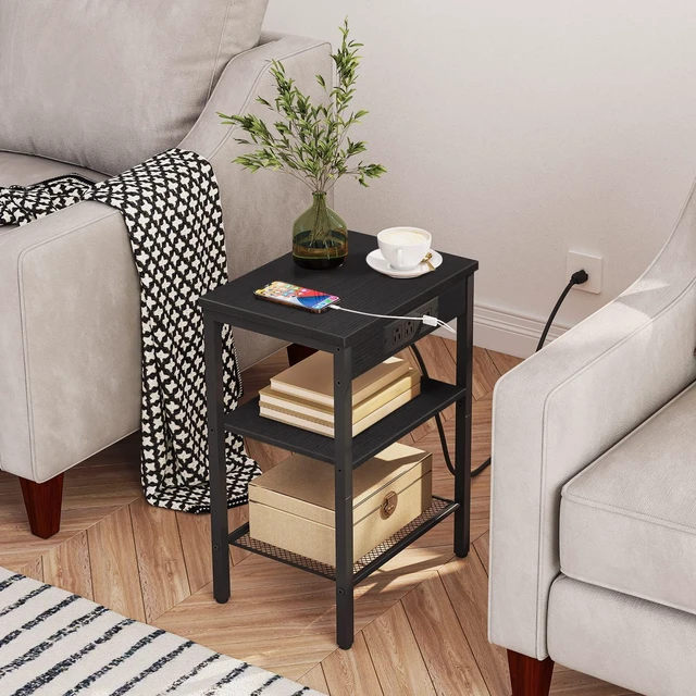 Alt view image 5 of 7 - Side Tables with Charging Station, Small End Tables for Small Space | Set of 2, 3-Tier Nightstands with Adjustable Shelf, for Living Room, Bedroom, Home Office, Black