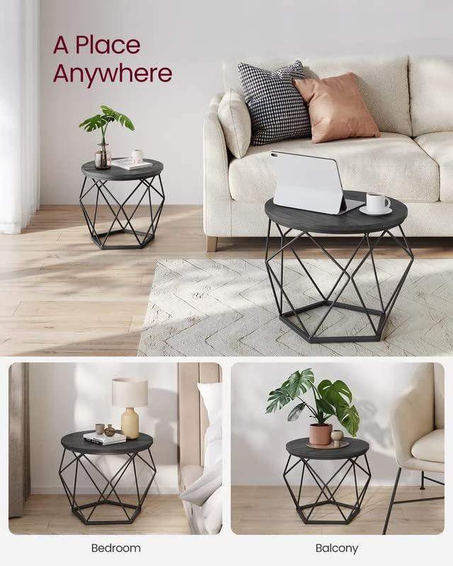Alt view image 2 of 7 - Small Round Coffee Table Set of 2, with Steel Frame | Side End Table for Living Room, Bedroom, Office, 19.7 Dia. x 15.7 H Inches, Charcoal Gray and Ink Black, ULET040B22