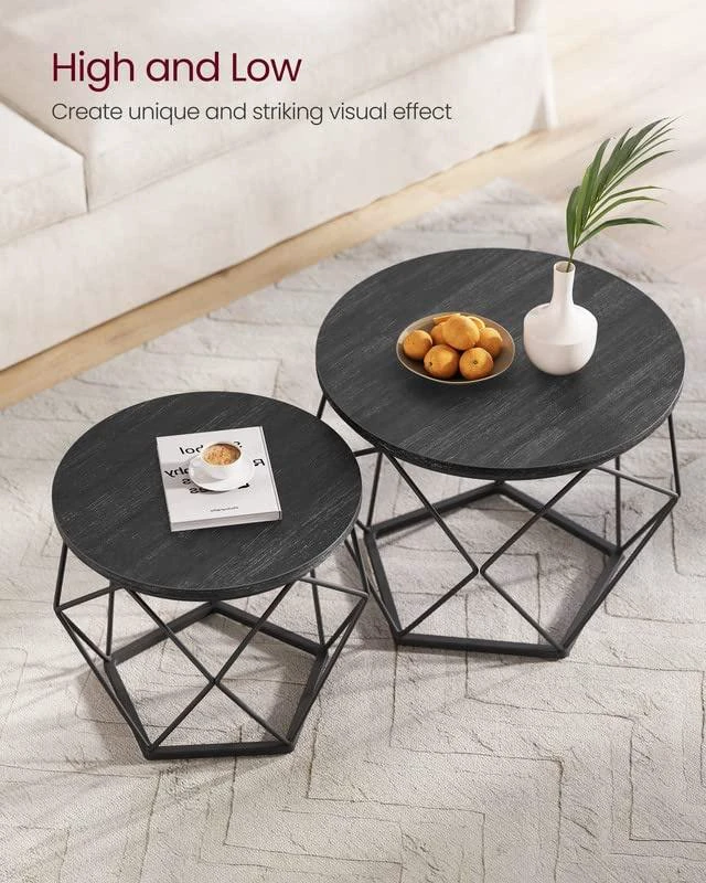 Alt view image 3 of 7 - Small Round Coffee Table Set of 2, with Steel Frame | Side End Table for Living Room, Bedroom, Office, 19.7 Dia. x 15.7 H Inches, Charcoal Gray and Ink Black, ULET040B22