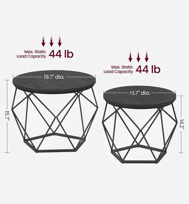 Alt view image 5 of 7 - Small Round Coffee Table Set of 2, with Steel Frame | Side End Table for Living Room, Bedroom, Office, 19.7 Dia. x 15.7 H Inches, Charcoal Gray and Ink Black, ULET040B22