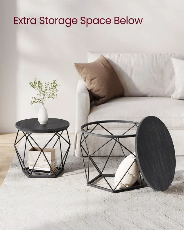 Alt view image 6 of 7 - Small Round Coffee Table Set of 2, with Steel Frame | Side End Table for Living Room, Bedroom, Office, 19.7 Dia. x 15.7 H Inches, Charcoal Gray and Ink Black, ULET040B22