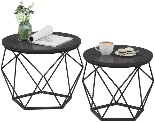 Main image of Small Round Coffee Table Set of 2, with Steel Frame | Side End Table for Living Room, Bedroom, Office, 19.7 Dia. x 15.7 H Inches, Charcoal Gray and Ink Black, ULET040B22