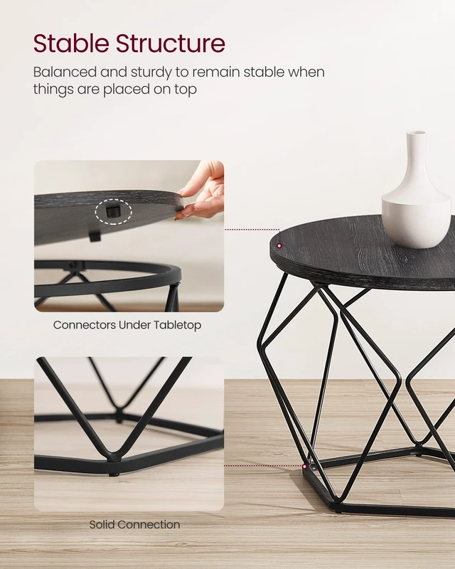 Alt view image 7 of 7 - Small Round Coffee Table Set of 2, with Steel Frame | Side End Table for Living Room, Bedroom, Office, 19.7 Dia. x 15.7 H Inches, Charcoal Gray and Ink Black, ULET040B22