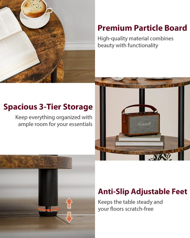 Alt view image 3 of 7 - Small Round End Table - 3 Tier Design Accent Table, Narrow Side or Bedside Stand, Industrial Vintage Nightstand for Bedroom, Living Room, or Small Spaces, Set of 2, Rustic Brown
