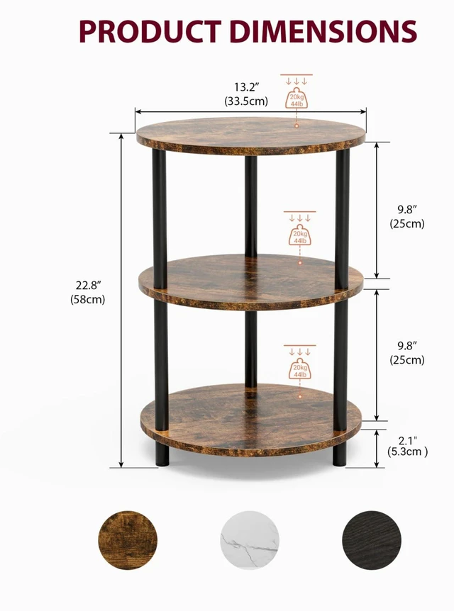 Alt view image 4 of 7 - Small Round End Table - 3 Tier Design Accent Table, Narrow Side or Bedside Stand, Industrial Vintage Nightstand for Bedroom, Living Room, or Small Spaces, Set of 2, Rustic Brown