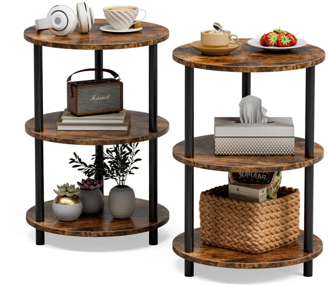 Main image of Small Round End Table - 3 Tier Design Accent Table, Narrow Side or Bedside Stand, Industrial Vintage Nightstand for Bedroom, Living Room, or Small Spaces, Set of 2, Rustic Brown