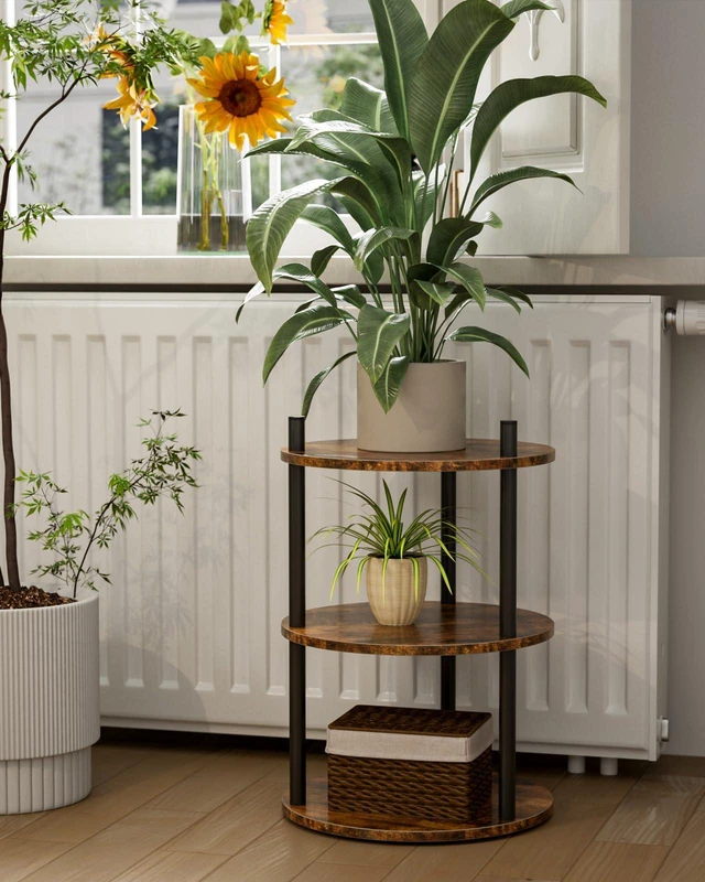 Alt view image 7 of 7 - Small Round End Table - 3 Tier Design Accent Table, Narrow Side or Bedside Stand, Industrial Vintage Nightstand for Bedroom, Living Room, or Small Spaces, Set of 2, Rustic Brown