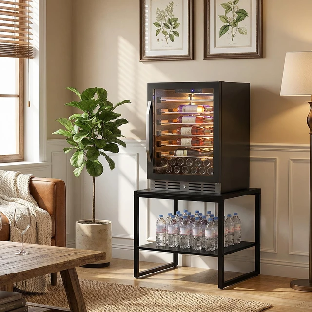 Alt view image 3 of 7 - End Table, 20 Inch Square Side Table, Mini Fridge Stand, Black | 2-Tier Storage Shelves, Industrial Wood Small Table Stand for Living Room, Bedroom, Office
