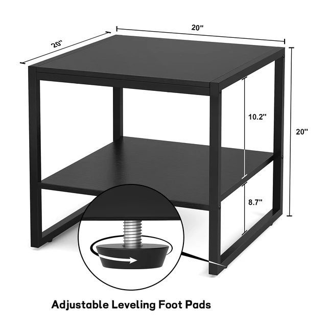 Alt view image 5 of 7 - End Table, 20 Inch Square Side Table, Mini Fridge Stand, Black | 2-Tier Storage Shelves, Industrial Wood Small Table Stand for Living Room, Bedroom, Office