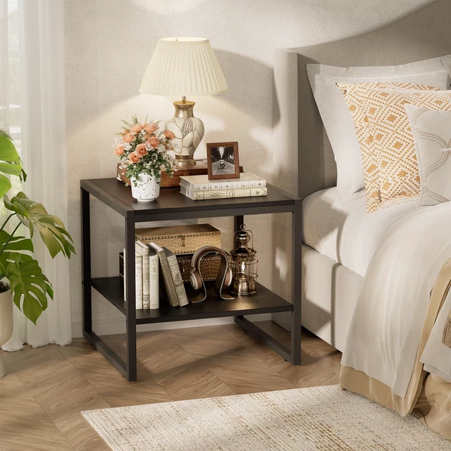 Alt view image 4 of 7 - End Table, 20 Inch Square Side Table, Mini Fridge Stand, Black | 2-Tier Storage Shelves, Industrial Wood Small Table Stand for Living Room, Bedroom, Office